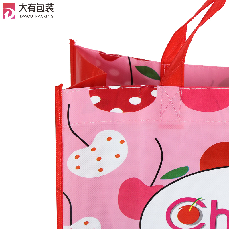 Pink Red Printed with Cherry Pattern Pp Non Woven Shopping Bag 