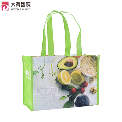 Personalized Printed Logo Reusable Portable Light Green Laminated PP Non Woven Tote Bag For Food 